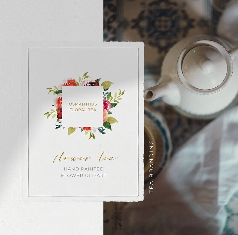May include: A watercolor design featuring a square with "OSMANTHUS FLORAL TEA" text surrounded by a floral wreath. Below, the words "Flower Tea" are written in gold script, with "HAND PAINTED FLOWER CLIPART" below. A white teapot is visible.