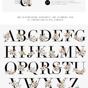 K&ouml;nnte beinhalten: Ein Satz von 26 Aquarell-Blumenalphabetbuchstaben, 10 Zahlen und einem kaufm&auml;nnischen Und. Die Buchstaben und Zahlen sind schwarz mit Aquarell-Blumenmustern in Rosa-, Pfirsich- und Gelbt&ouml;nen.