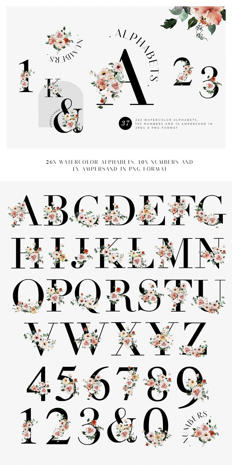 K&ouml;nnte beinhalten: Ein Satz von 26 Aquarell-Blumenalphabetbuchstaben, 10 Zahlen und einem kaufm&auml;nnischen Und. Die Buchstaben und Zahlen sind schwarz mit Aquarell-Blumenmustern in Rosa-, Pfirsich- und Gelbt&ouml;nen.