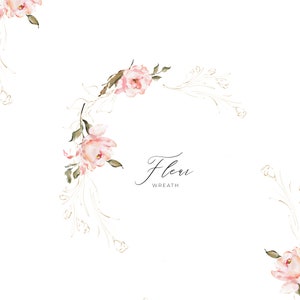 May include: A watercolour floral wreath design with soft pink roses and green leaves, and gold accents. The words "Fleur" and "Wreath" are written in elegant script. Ideal for wedding invitations and floral designs.