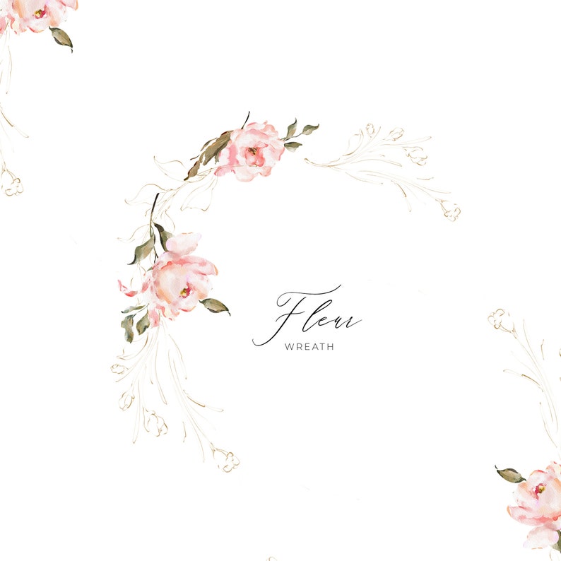 May include: A watercolour floral wreath design with soft pink roses and green leaves, and gold accents. The words "Fleur" and "Wreath" are written in elegant script. Ideal for wedding invitations and floral designs.