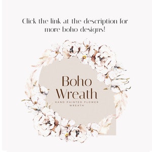 May include: A watercolor illustration of a boho wreath with white flowers and leaves. The text "Boho Wreath" and "Hand Painted Flower Wreath" is included in the image.