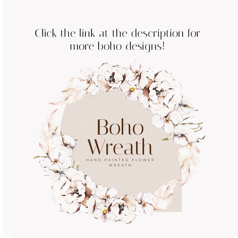 May include: A watercolor illustration of a boho wreath with white flowers and leaves. The text "Boho Wreath" and "Hand Painted Flower Wreath" is included in the image.