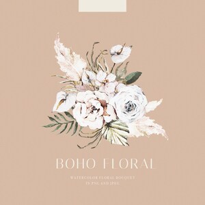 May include: Watercolor painting of a boho floral bouquet with white roses, green leaves, and beige feathers. The text "BOHO FLORAL WATERCOLOR FLORAL BOUQUET IN PNG AND JPEG" is below the bouquet.