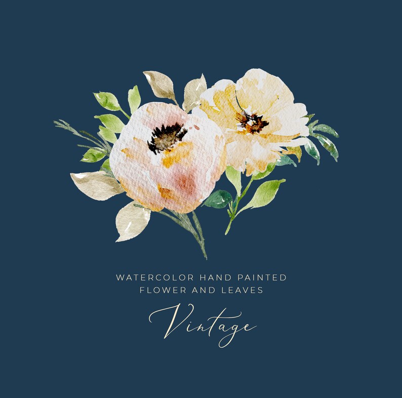 May include: Watercolor painting of two flowers with yellow and peach petals, surrounded by green and tan leaves. The text "Watercolor Hand Painted Flower and Leaves" and "Vintage" are below the flowers, set against a dark blue background.