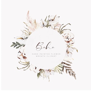 May include: A watercolor wreath with white flowers and greenery. The wreath is in a circle with the word "boho" written in brown script inside the circle. The text "Hand Painted Flower Wreath Clipart" is written below the word "boho".