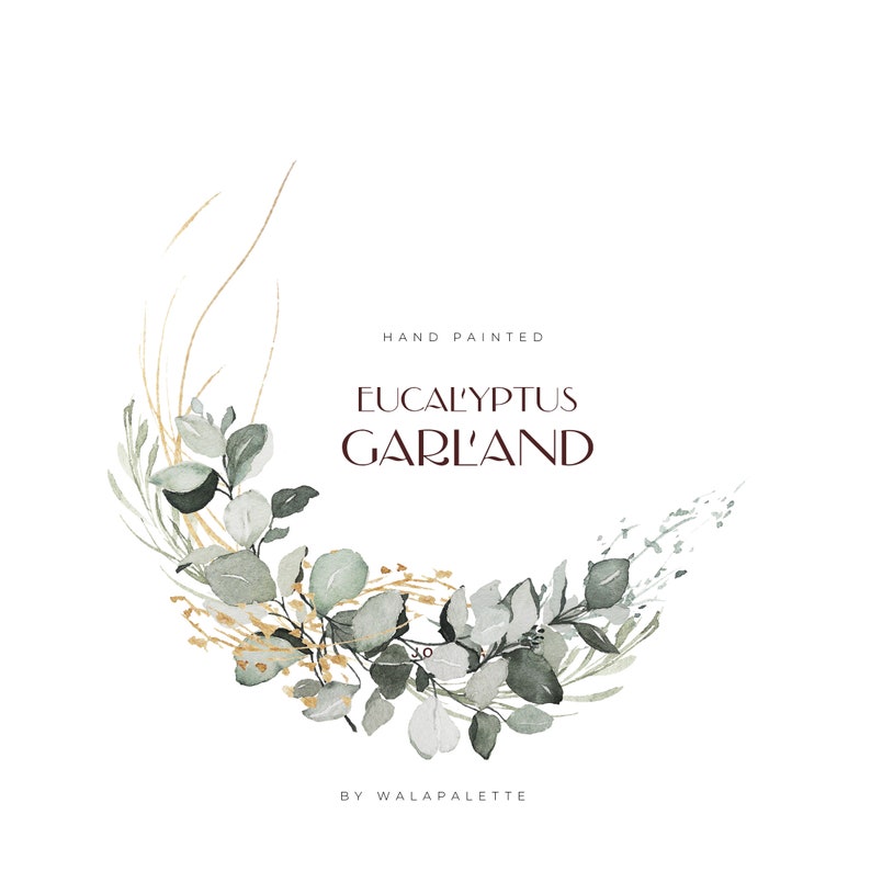 May include: Hand painted watercolor eucalyptus garland with gold accents. The garland is in the shape of a crescent moon and is perfect for adding a touch of greenery to your home decor.