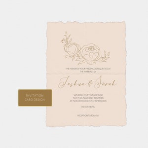 May include: A wedding invitation card with a delicate floral design in gold on a light pink background. The text reads "The honor of your presence is requested at the marriage of Joshua & Sarah. Saturday, the tenth of June two thousand and nineteen at twelve o'clock in the afternoon Hilton Hotel. Reception to follow."