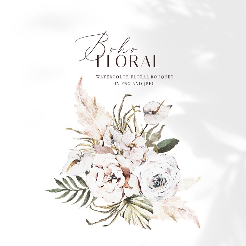 May include: Watercolor painting of a boho floral bouquet with white roses, green leaves, and beige pampas grass. The bouquet is on a white background with a shadow.