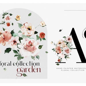 K&ouml;nnte beinhalten: Aquarell-Blumenkollektion mit dem Text "floral collection garden" und dem Buchstaben "A" mit dem Text "watercolor & summer sand" in schwarzer Schrift.