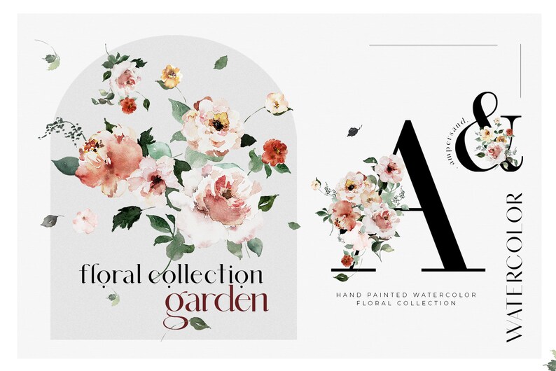 K&ouml;nnte beinhalten: Aquarell-Blumenkollektion mit dem Text "floral collection garden" und dem Buchstaben "A" mit dem Text "watercolor & summer sand" in schwarzer Schrift.