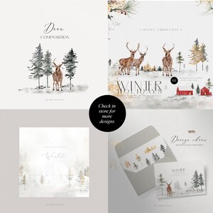 K&ouml;nnte beinhalten: Aquarell-Clipart mit einer Winterszene mit Hirschen, B&auml;umen und einer roten H&uuml;tte. Der Text "Winter Holidays" ist im Bild enthalten. Das Clipart ist perfekt f&uuml;r die Erstellung von Weihnachtskarten, Einladungen und anderen festlichen Designs.
