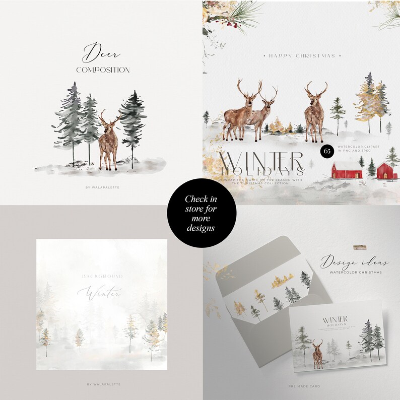 K&ouml;nnte beinhalten: Aquarell-Clipart mit einer Winterszene mit Hirschen, B&auml;umen und einer roten H&uuml;tte. Der Text "Winter Holidays" ist im Bild enthalten. Das Clipart ist perfekt f&uuml;r die Erstellung von Weihnachtskarten, Einladungen und anderen festlichen Designs.