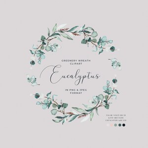 K&ouml;nnte beinhalten: Aquarell-Clipart eines Eukalyptus-Kranzes in Gr&uuml;nt&ouml;nen. Der Kranz hat eine kreisrunde Form und einen Text&uuml;berlagerung mit der Aufschrift "GREENERY WREATH CLIPART Eucalyptus IN PNG & JPEG FORMAT". Der Text "COLOR TONES IDEAS WITH GREENERY EUCALYPTUS WREATH" ist ebenfalls im Bild enthalten.