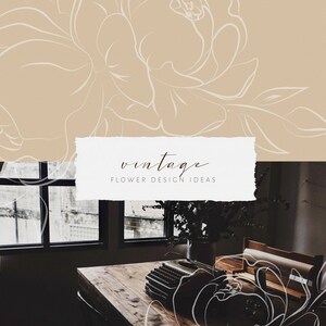 May include: A vintage-inspired image with a white floral design overlaying a photo of a wooden table with a typewriter and a vase of greenery. The text "vintage flower design ideas" is displayed on a white paper background.