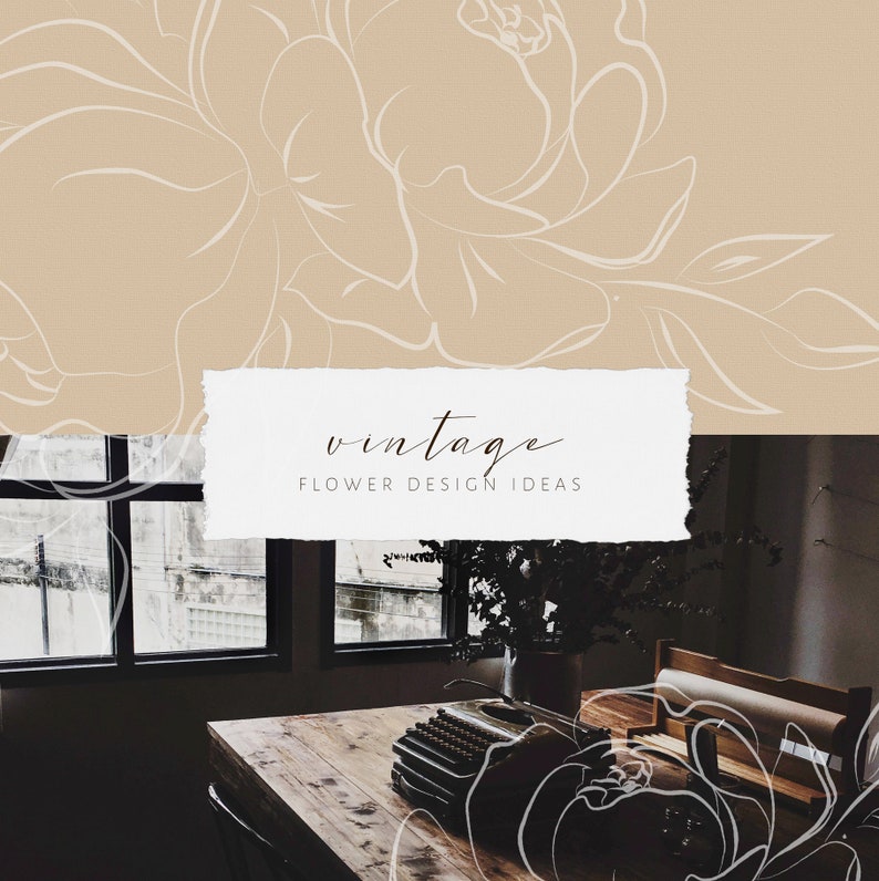 May include: A vintage-inspired image with a white floral design overlaying a photo of a wooden table with a typewriter and a vase of greenery. The text "vintage flower design ideas" is displayed on a white paper background.