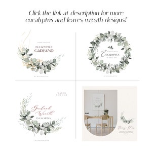 Op de afbeelding: Een set van vier aquarel illustraties met eucalyptus kransen. De kransen zijn in verschillende maten en arrangementen. De illustraties zijn gelabeld met de tekst "Handgeschilderde Eucalyptus Krans" en "Aquarel Eucalyptus Krans".
