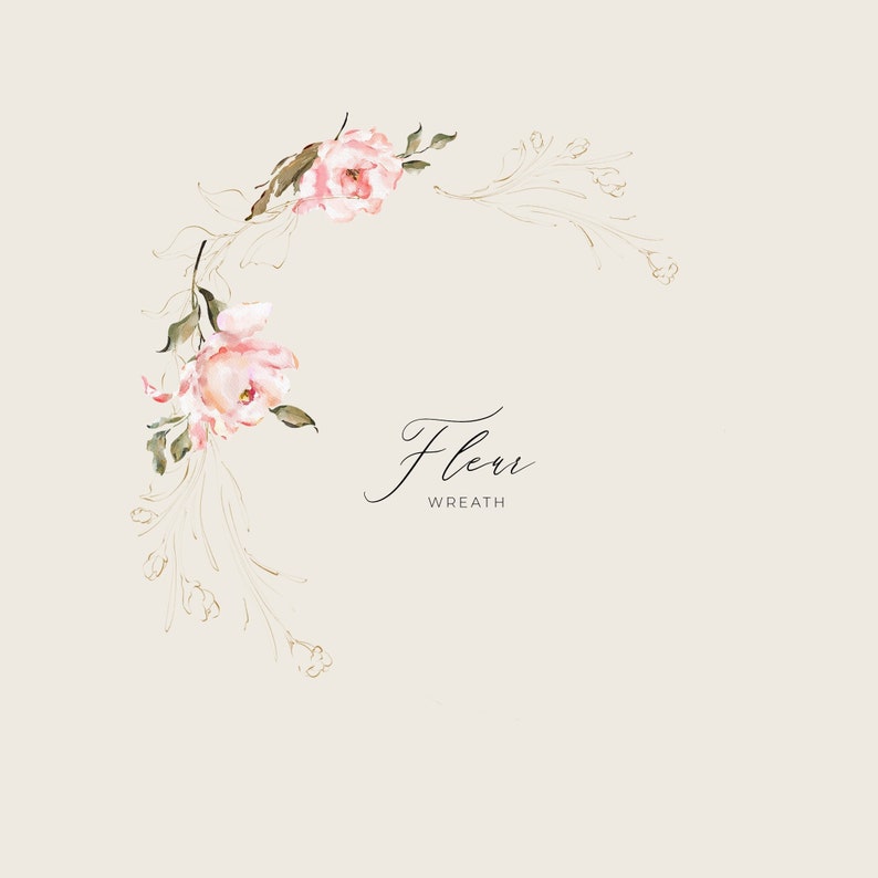 May include: A watercolour floral wreath design with soft pink roses and green leaves, and gold-coloured decorative elements. The text "Flower Wreath" is written in an elegant script font on a cream background.