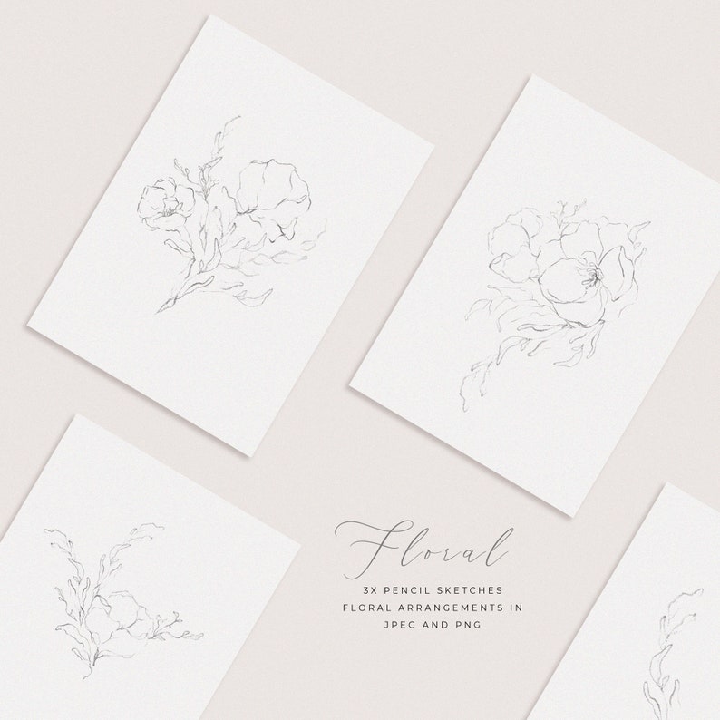 May include: Three black and white pencil sketches of floral arrangements. The sketches are on white paper with a light gray background. The text "Floral 3x Pencil Sketches Floral Arrangements in JPEG and PNG" is at the bottom of the image.