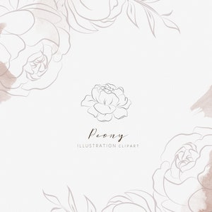 May include: A line drawing of a peony flower with the text "Peony Illustration Clipart" below it. The background is a light beige with watercolor washes.
