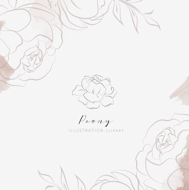 May include: A line drawing of a peony flower with the text "Peony Illustration Clipart" below it. The background is a light beige with watercolor washes.