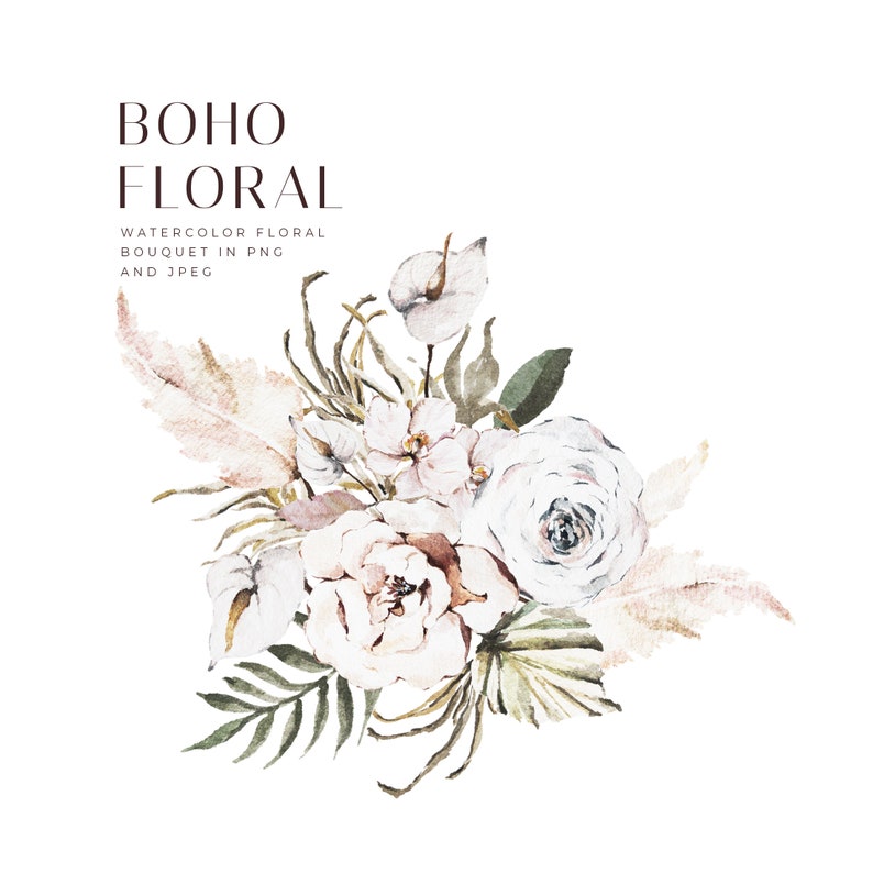 May include: Watercolor painting of a boho floral bouquet with white and blush flowers, green leaves, and beige feathers. The bouquet is arranged in a loose, natural style.