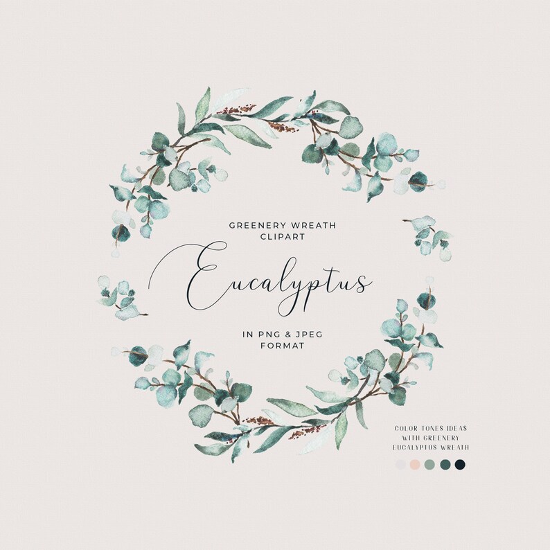 K&ouml;nnte beinhalten: Aquarell-Clipart eines Eukalyptus-Kranzes in Gr&uuml;nt&ouml;nen. Der Kranz hat eine kreisf&ouml;rmige Form und einen Text&uuml;berlagerung mit der Aufschrift "GREENERY WREATH CLIPART Eucalyptus IN PNG & JPEG FORMAT". Der Text ist schwarz und der Hintergrund wei&szlig;.