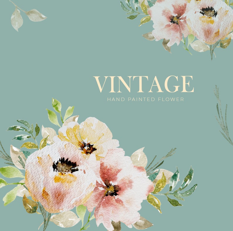 May include: Watercolor floral design featuring soft pink and yellow flowers with green leaves on a teal background. The word "VINTAGE" is displayed above "HAND PAINTED FLOWER". This design is suitable for various applications.
