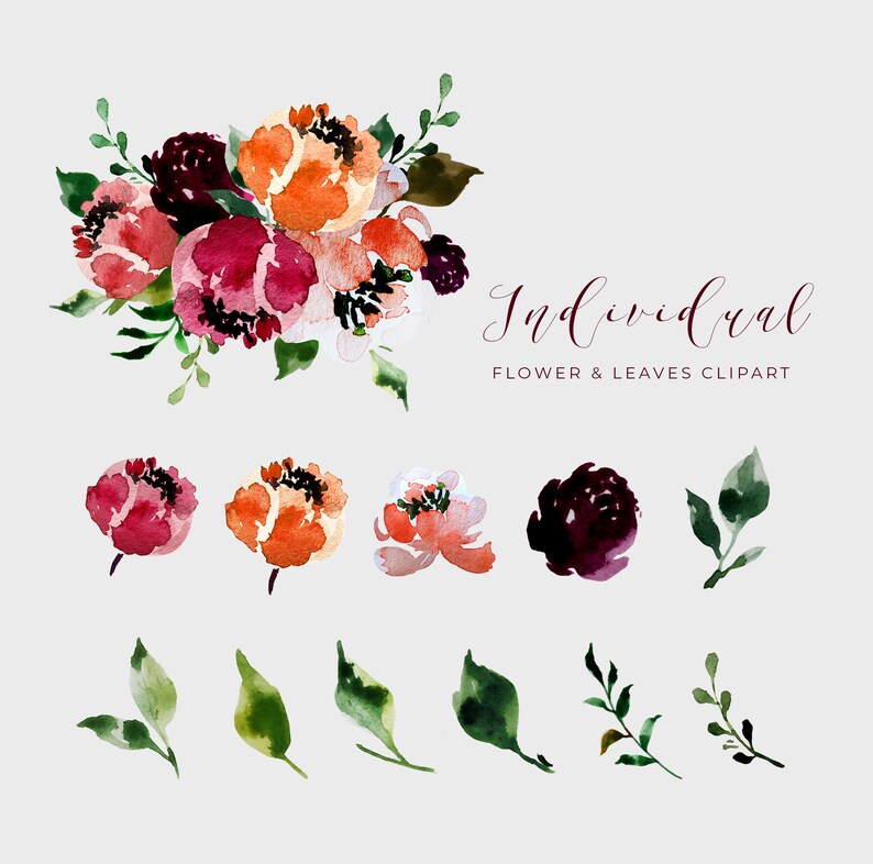 May include: Watercolor floral clipart featuring a bouquet of flowers in shades of red, orange, and burgundy, with green leaves. Individual flower and leaf elements are also included. The text "Individual Flower & Leaves Clipart" is written in a script font.
