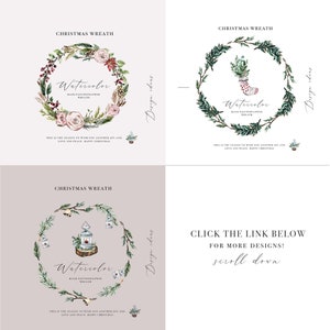 May include: A collection of watercolor Christmas wreath designs. Each wreath features hand-painted floral and botanical elements, with text that reads "Christmas Wreath" and "Watercolor". The designs include pinecones, berries, and festive accents. The text also says "This is the season to wish one another joy and love and peace. Happy Christmas."