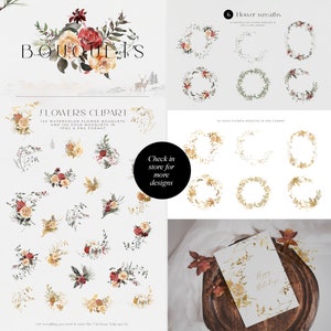 K&ouml;nnte beinhalten: Eine digitale Illustration von 12 Aquarell-Blumenstr&auml;u&szlig;en und 12 goldenen Blumenkr&auml;nzen. Die Str&auml;u&szlig;e zeigen rote, gelbe und wei&szlig;e Blumen mit gr&uuml;nen Bl&auml;ttern. Die Kr&auml;nze sind golden mit floralen Akzenten. Der Text "BOUQUETS" befindet sich oben im Bild. Der Text "FLOWERS CLIPART" befindet sich in der Mitte des Bildes. Der Text "12X WATERCOLOR FLOWER BOUQUETS AND 12X GOLD BOUQUETS IN JPEG & PNG FORMAT" befindet sich unter dem Text "FLOWERS CLIPART". Der Text "Check in store for more designs" befindet sich in der Mitte des Bildes. Der Text "6 Flower wreaths" befindet sich in der oberen rechten Ecke des Bildes. Der Text "84 GOLD FLOWER WREATHS IN PNG FORMAT" befindet sich in der oberen rechten Ecke des Bildes. Der Text "Happy Holidays" befindet sich in der unteren rechten Ecke des Bildes.