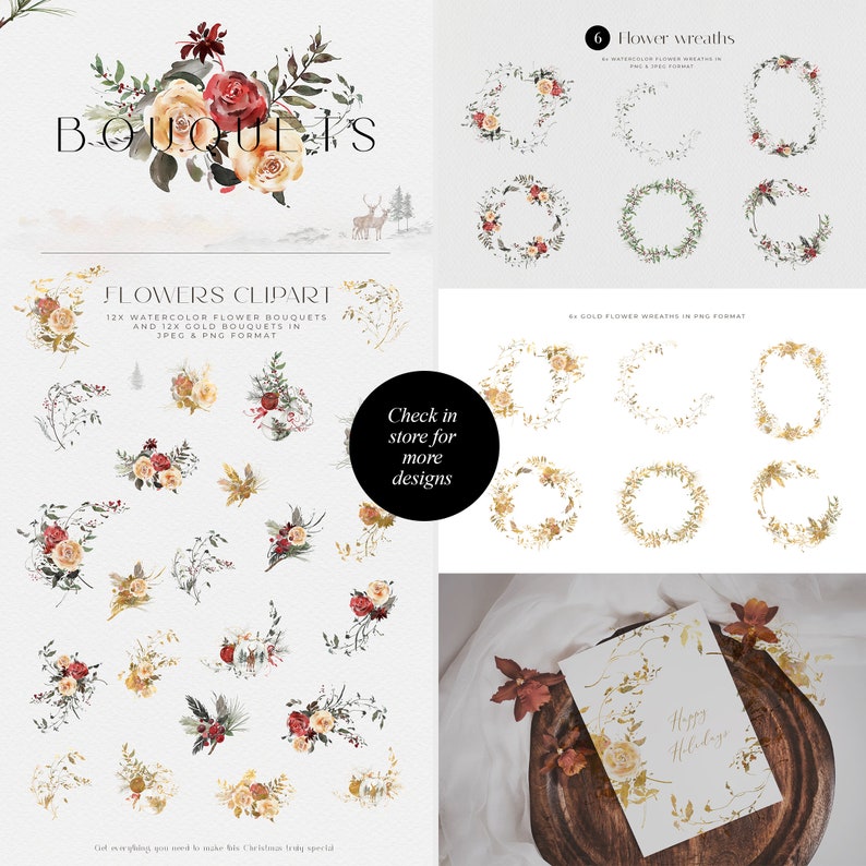 K&ouml;nnte beinhalten: Eine digitale Illustration von 12 Aquarell-Blumenstr&auml;u&szlig;en und 12 goldenen Blumenkr&auml;nzen. Die Str&auml;u&szlig;e zeigen rote, gelbe und wei&szlig;e Blumen mit gr&uuml;nen Bl&auml;ttern. Die Kr&auml;nze sind golden mit floralen Akzenten. Der Text "BOUQUETS" befindet sich oben im Bild. Der Text "FLOWERS CLIPART" befindet sich in der Mitte des Bildes. Der Text "12X WATERCOLOR FLOWER BOUQUETS AND 12X GOLD BOUQUETS IN JPEG & PNG FORMAT" befindet sich unter dem Text "FLOWERS CLIPART". Der Text "Check in store for more designs" befindet sich in der Mitte des Bildes. Der Text "6 Flower wreaths" befindet sich in der oberen rechten Ecke des Bildes. Der Text "84 GOLD FLOWER WREATHS IN PNG FORMAT" befindet sich in der oberen rechten Ecke des Bildes. Der Text "Happy Holidays" befindet sich in der unteren rechten Ecke des Bildes.
