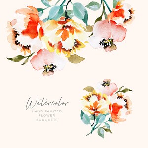 May include: Watercolor floral bouquets in shades of orange, yellow, and pink with green leaves. The image includes the text "Watercolor, Hand Painted Flower Bouquets" in a delicate script font, perfect for art prints and invitations.