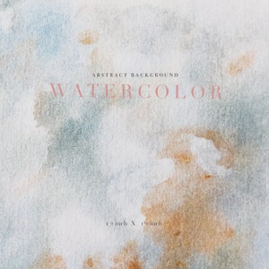 May include: Abstract watercolor background in shades of blue, white, and brown. The text "ABSTRACT BACKGROUND WATERCOLOR" is displayed in pink. The dimensions are 12 inches by 12 inches.