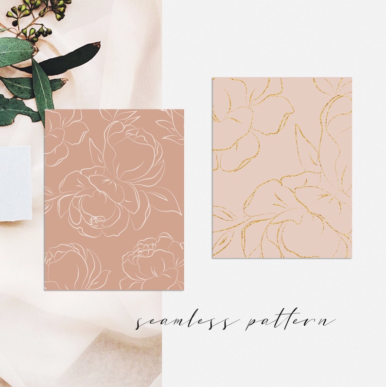 May include: Two seamless patterns featuring a floral design. The first pattern is on a light brown background with white floral outlines. The second pattern is on a light pink background with gold floral outlines. The text "seamless pattern" is written below the patterns.