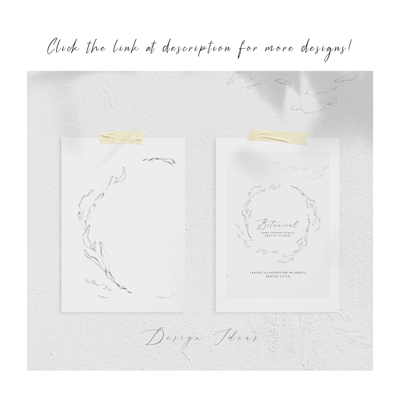 May include: Two black and white illustrations of leaves, one is a wreath and the other is a single branch. The wreath illustration has the text "Botanical" and "Hand Drawn Pencil Sketch Cliparts" in the center. The text "Leaves Illustration in Pencil Sketch Style" is below the wreath.