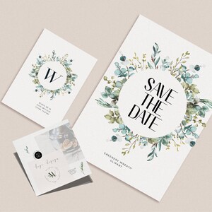 May include: Save the date card with a watercolor wreath of eucalyptus leaves and greenery. The text "Save the Date" is in a circle in the center of the wreath. The card also includes the text "Greenery Wreath Clipart".