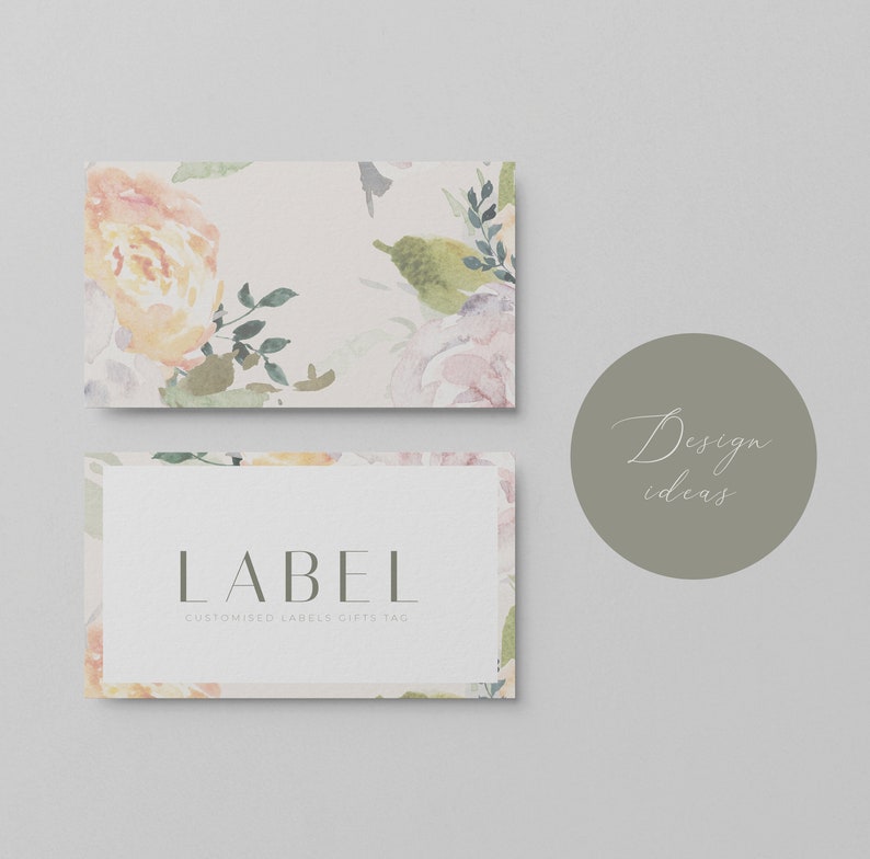 May include: A business card mockup with a floral design. The card features a watercolor floral pattern with pink and yellow flowers. The text "LABEL" is printed on the card with the tagline "CUSTOMISED LABELS, GIFTS, TAGS".