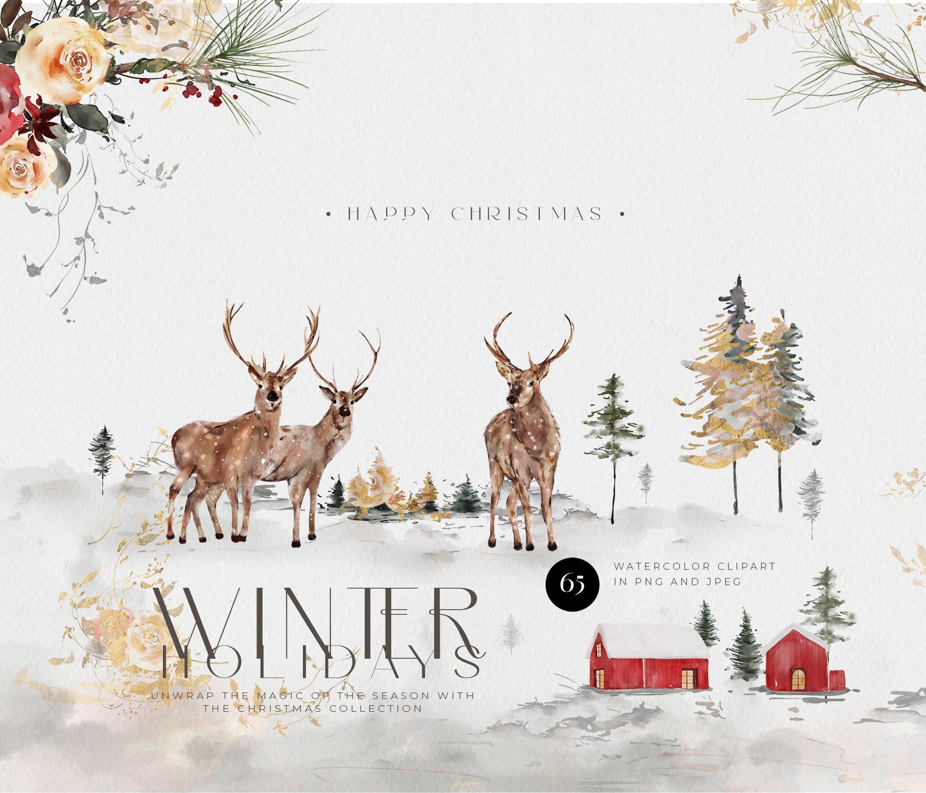 Winter Clipart Christmas Clipart Watercolor Christmas Deer Clipart ...