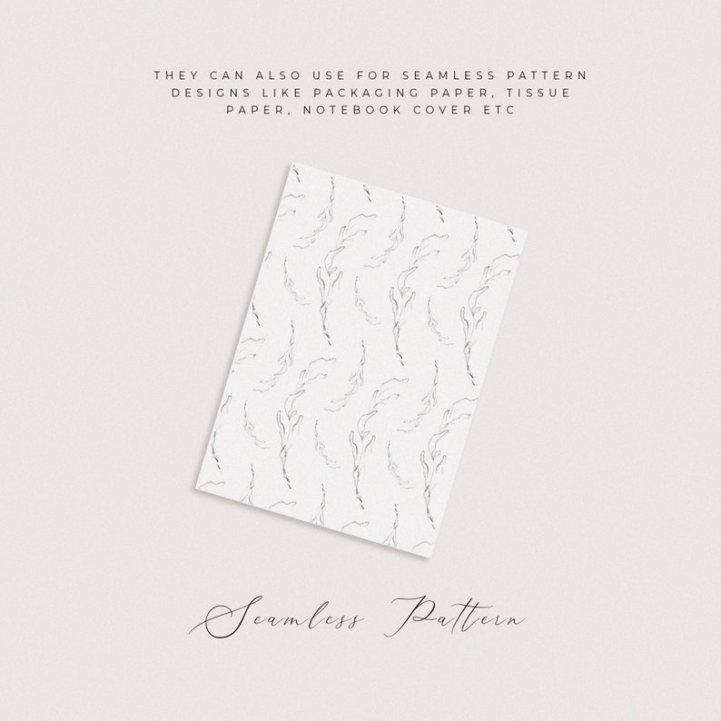 May include: A seamless pattern featuring delicate, hand-drawn branches with leaves. The pattern is in shades of gray on a white background. The text "Seamless Pattern" is written in cursive at the bottom of the image.