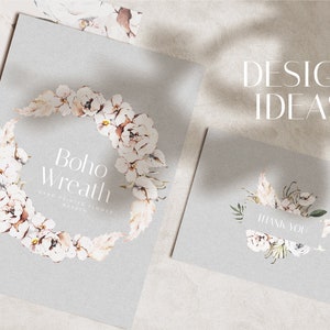 May include: A set of three cards with a watercolor floral design. The cards feature a wreath of white flowers and greenery, with the text "boho wreath" on one card and "thank you" on another. The cards are on a light gray background.