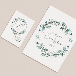 K&ouml;nnte beinhalten: Ein Aquarell-Clipart eines Eukalyptus-Kranzes mit einer handschriftlichen Schrift, die "Eucalyptus" und "Greenery Wreath Clipart" im PNG- und JPEG-Format lautet.