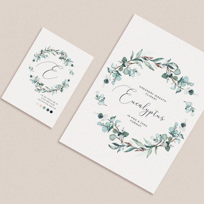 K&ouml;nnte beinhalten: Ein Aquarell-Clipart eines Eukalyptus-Kranzes mit einer handschriftlichen Schrift, die "Eucalyptus" und "Greenery Wreath Clipart" im PNG- und JPEG-Format lautet.