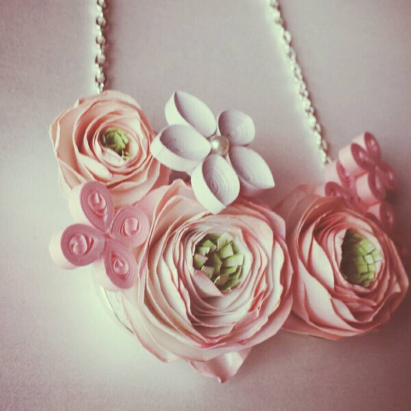 Beautiful Pink Ranunculus Quilled Necklace