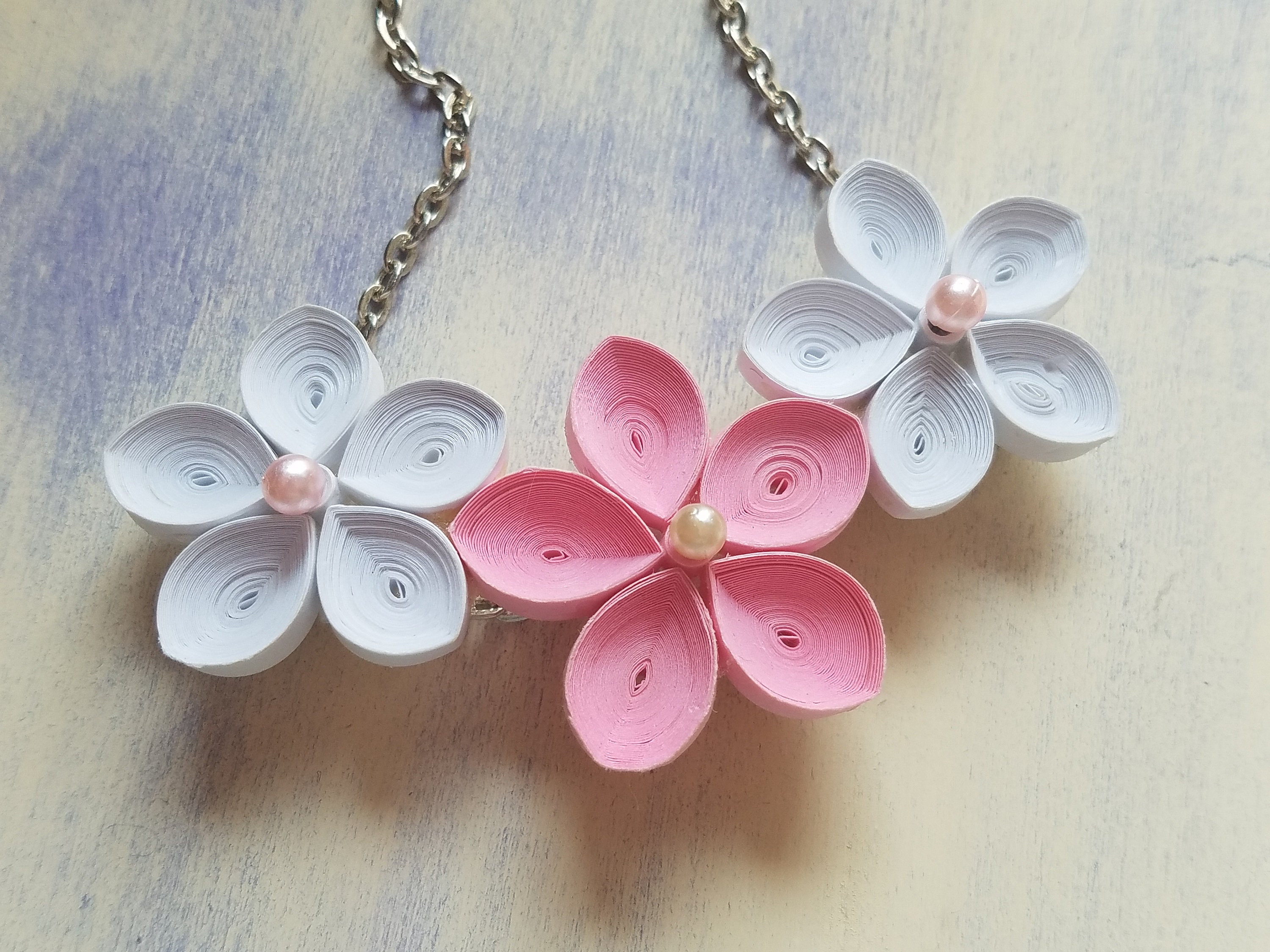 Quilled Flower Necklace Pink and White Flower Necklace Paper Etsy