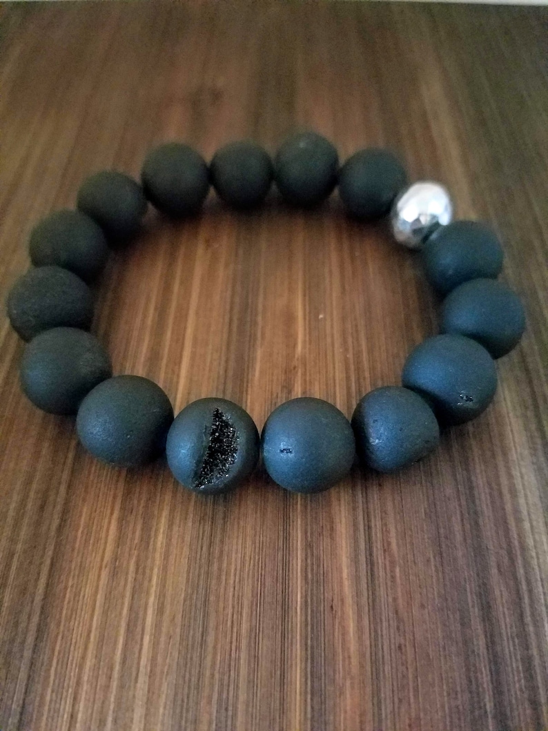 Stretch Bracelet with Druzy Matte Black Agate and Silver