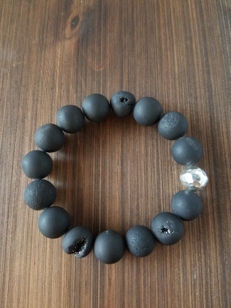 Stretch Bracelet with Druzy Matte Black Agate and Silver