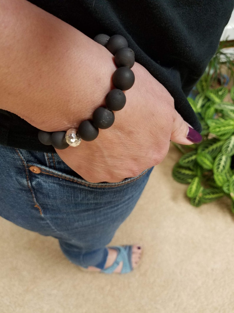 Stretch Bracelet with Druzy Matte Black Agate and Silver