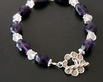 Faceted Amethyst, Faceted Rose Quartz and Sterling Silver Toggle Bracelet