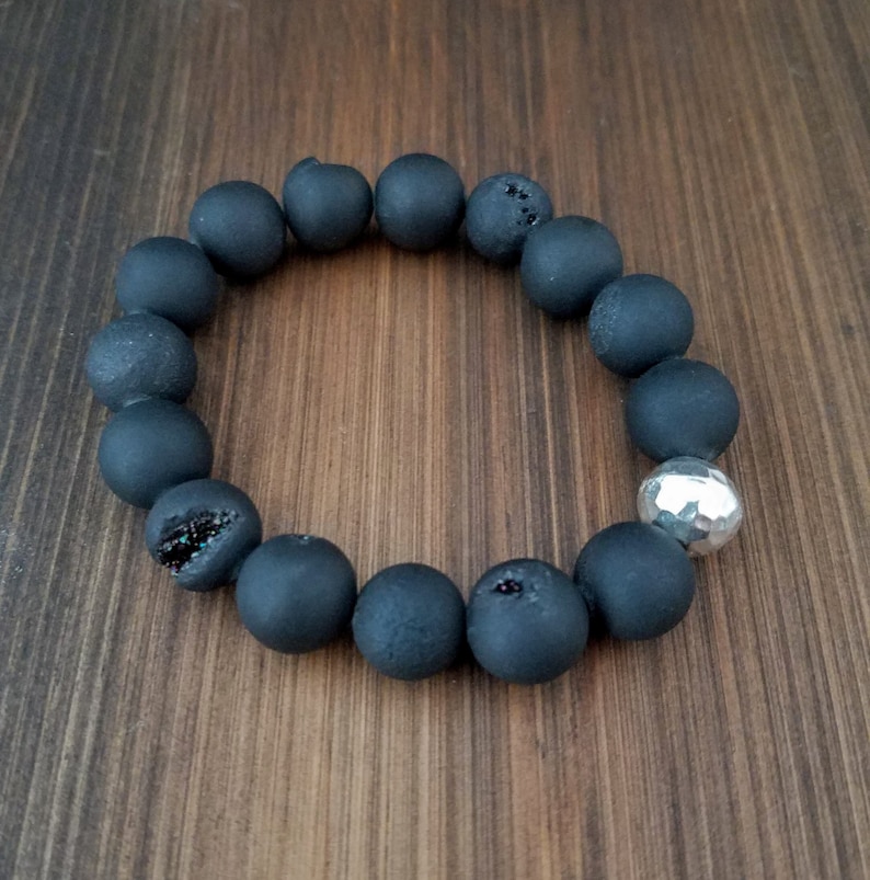 Stretch Bracelet with Druzy Matte Black Agate and Silver